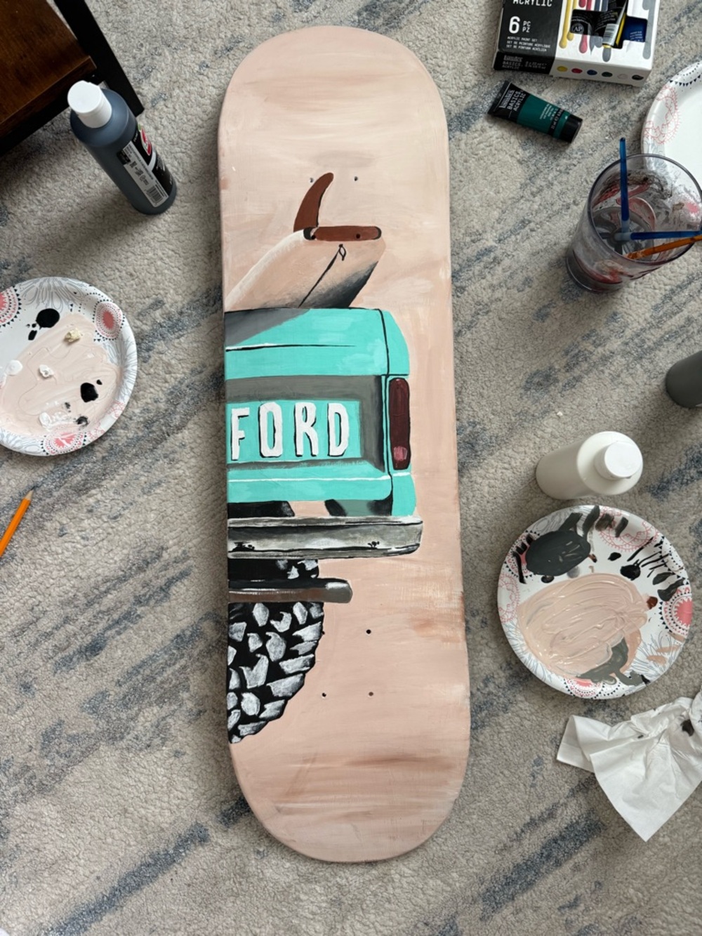 Hand-Painted Ford Truck Skate Deck - Teal & Beige